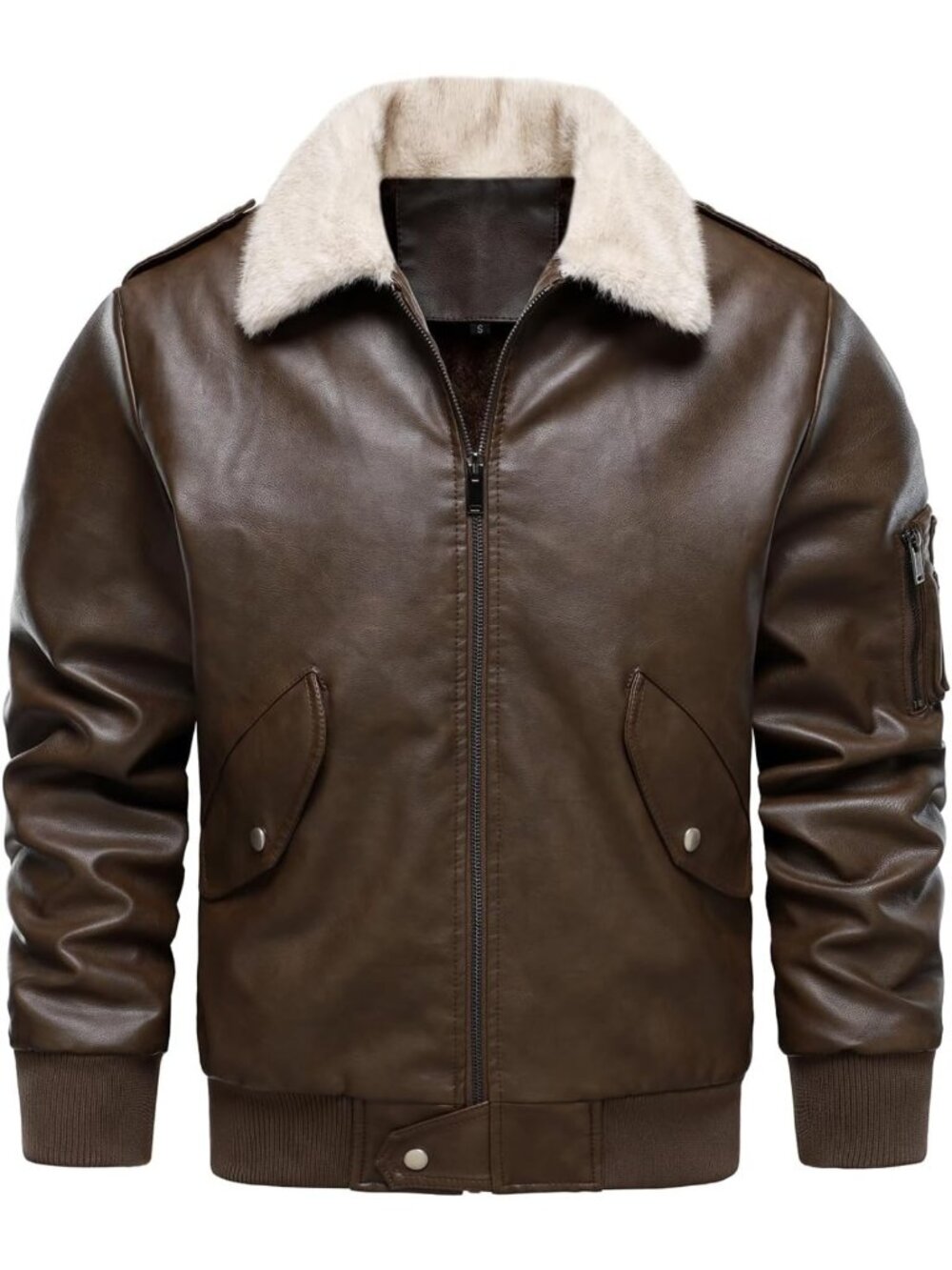Men's Faux Leather Aviator Bomber Jacket, Fur Collar, Warm Fleece Lined, Vintage